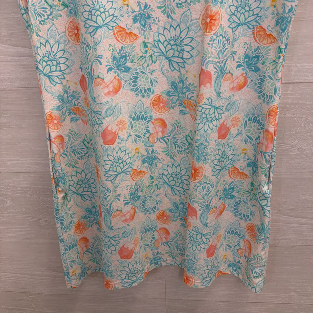 Cabana White/ Blue/ Orange Print Short Sleeve Dress Large