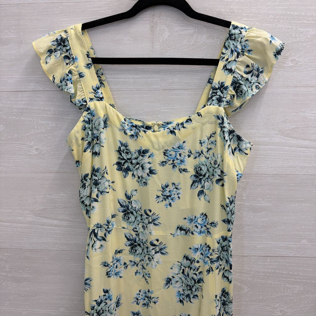 Loft Yellow/ Blue Floral Print Silky Midi Dress 4