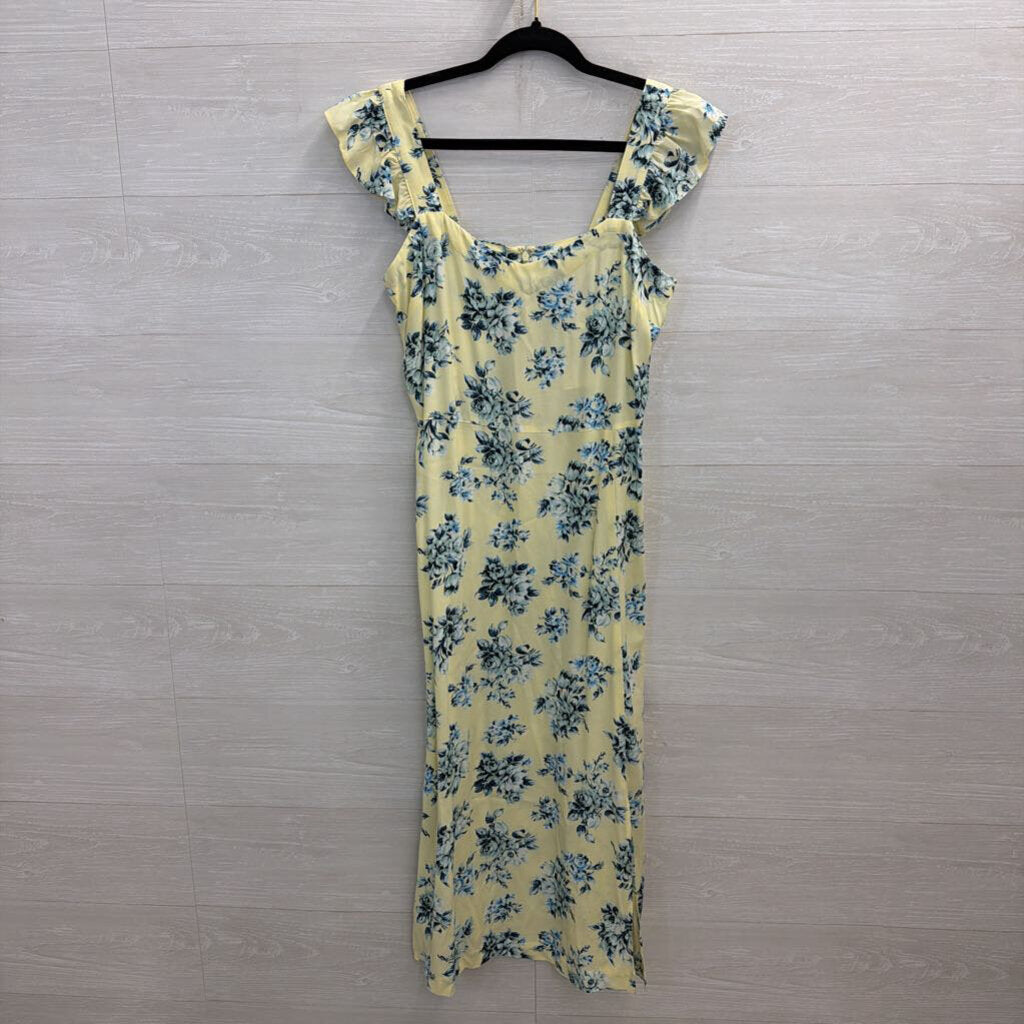 Loft Yellow/ Blue Floral Print Silky Midi Dress 4
