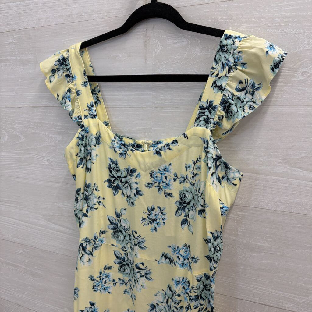 Loft Yellow/ Blue Floral Print Silky Midi Dress 4