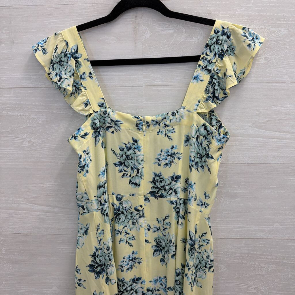 Loft Yellow/ Blue Floral Print Silky Midi Dress 4