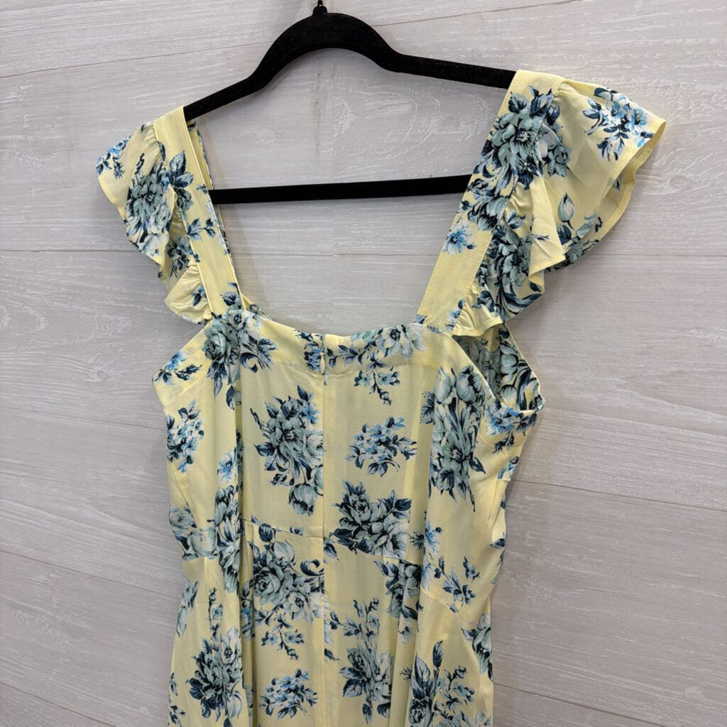 Loft Yellow/ Blue Floral Print Silky Midi Dress 4