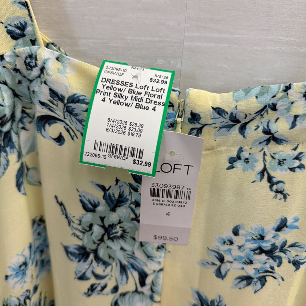 Loft Yellow/ Blue Floral Print Silky Midi Dress 4