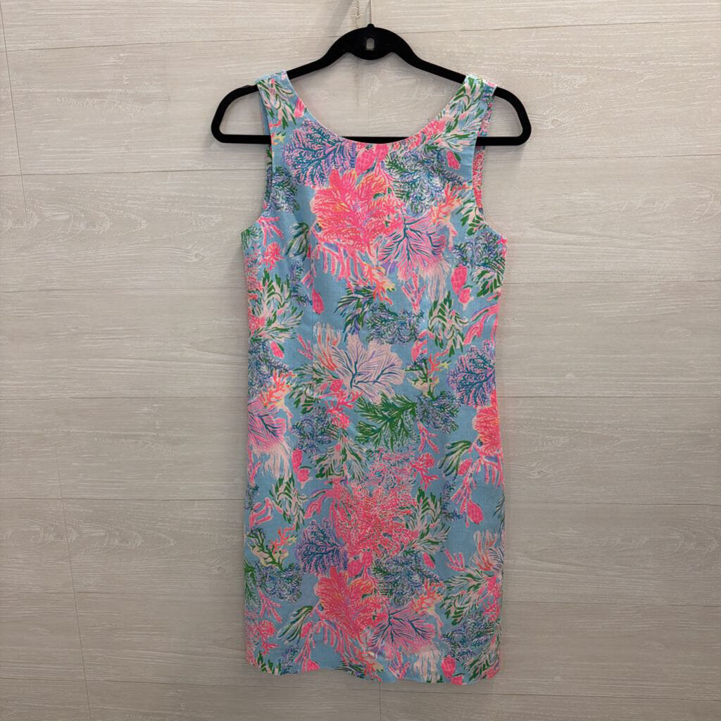 Lilly Pulitzer Blue/ Pink Print 100% Linen Sleeveless Shift Dress 4