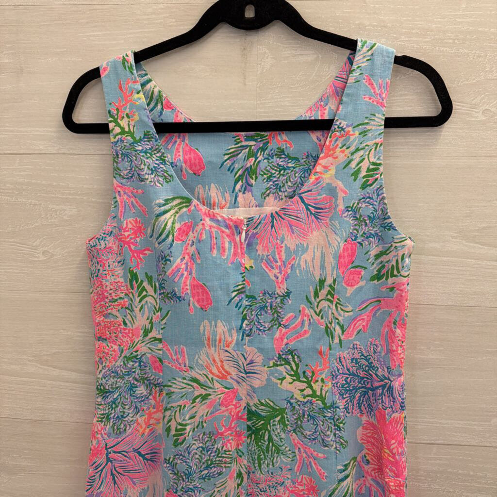 Lilly Pulitzer Blue/ Pink Print 100% Linen Sleeveless Shift Dress 4