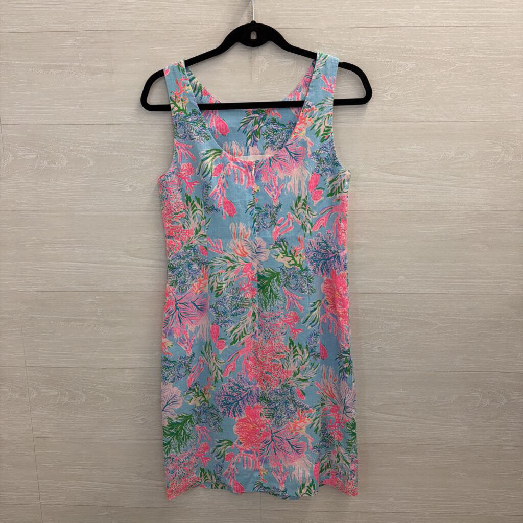Lilly Pulitzer Blue/ Pink Print 100% Linen Sleeveless Shift Dress 4