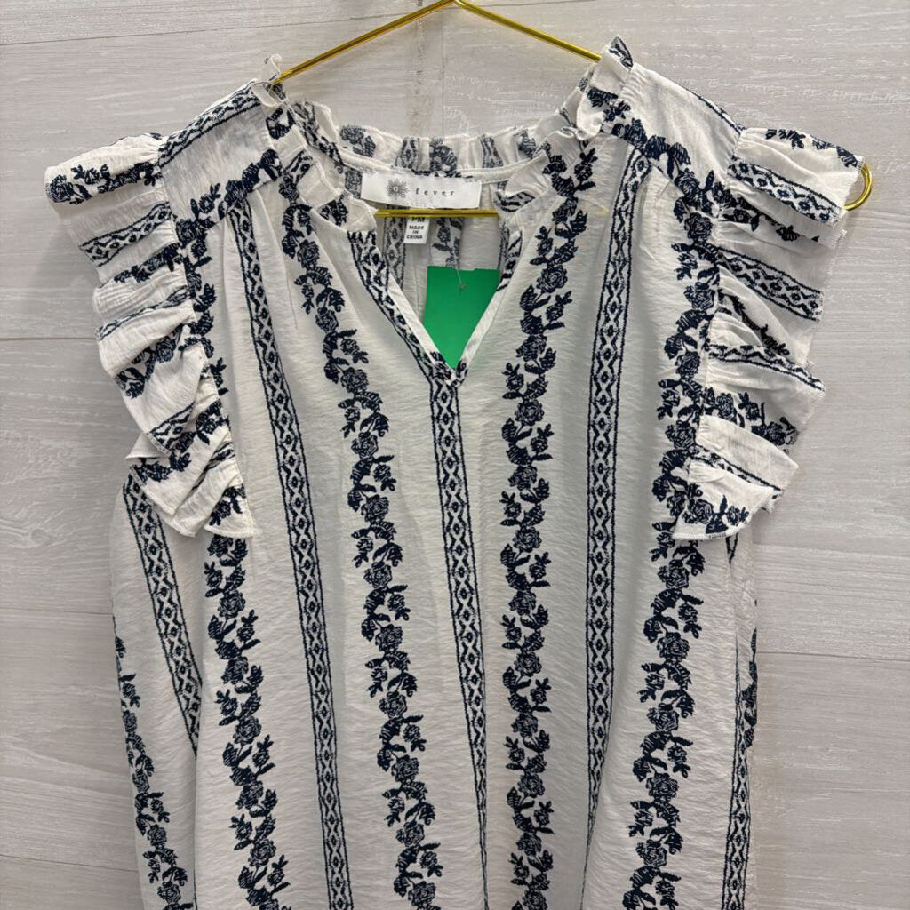 Fever White/ Navy Print Short Sleeve Top Medium Petite