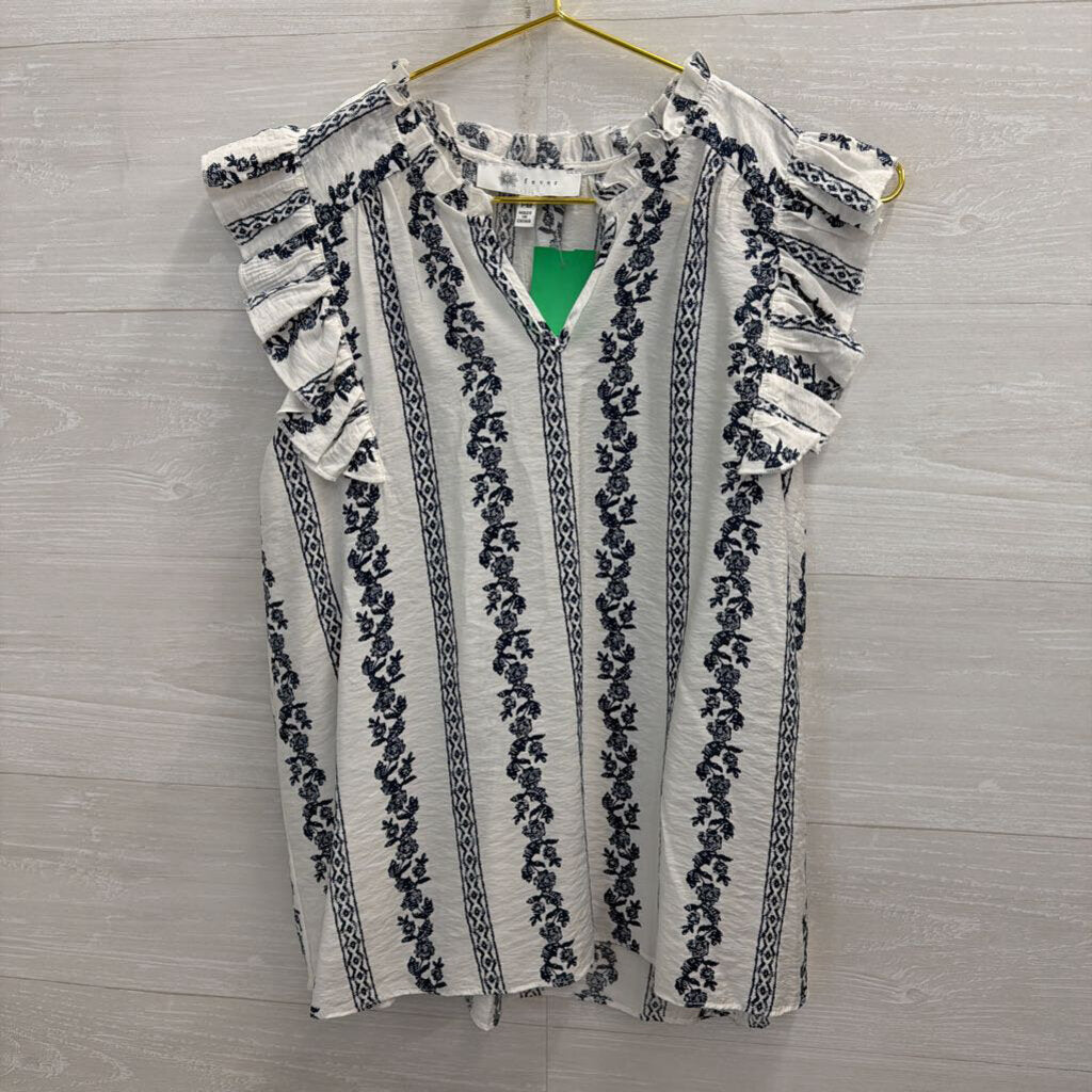 Fever White/ Navy Print Short Sleeve Top Medium Petite
