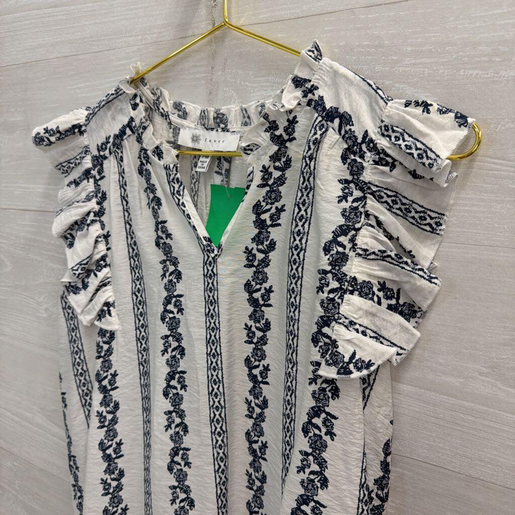 Fever White/ Navy Print Short Sleeve Top Medium Petite