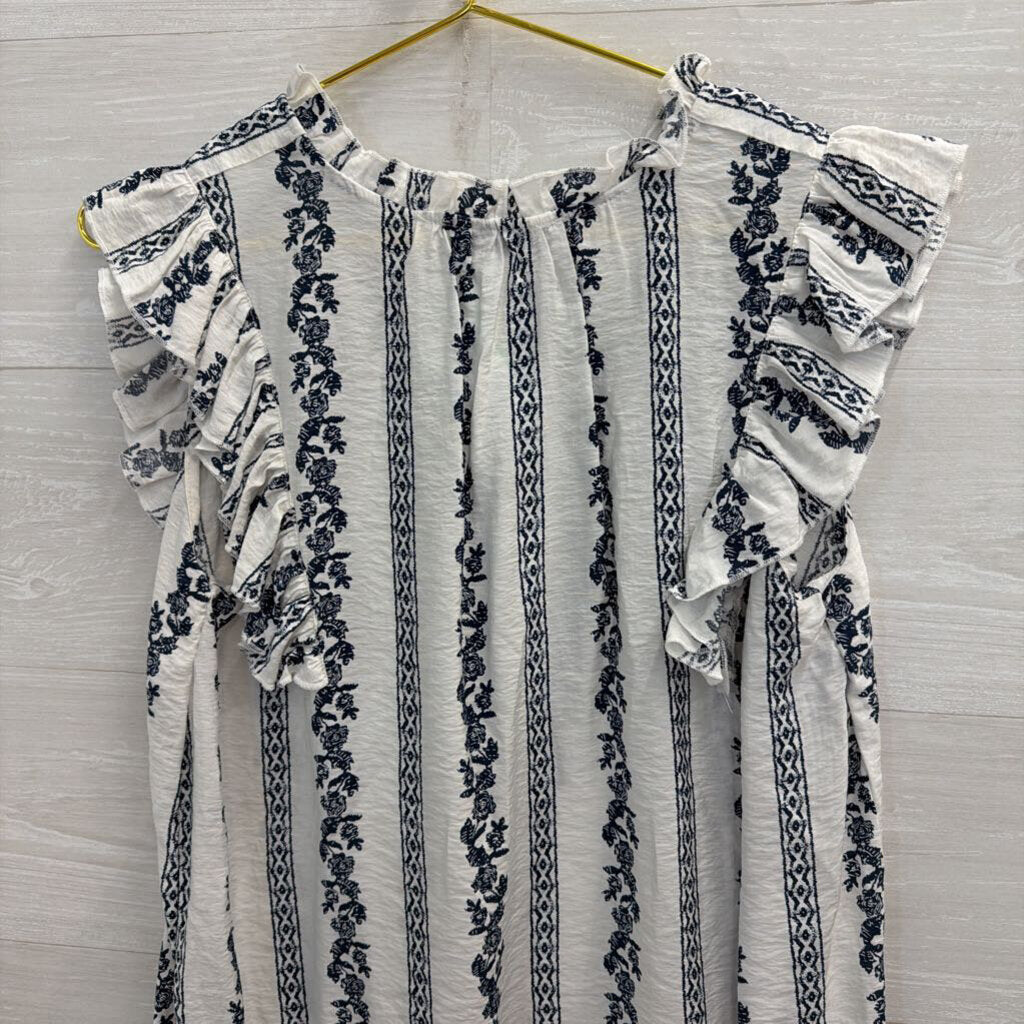 Fever White/ Navy Print Short Sleeve Top Medium Petite