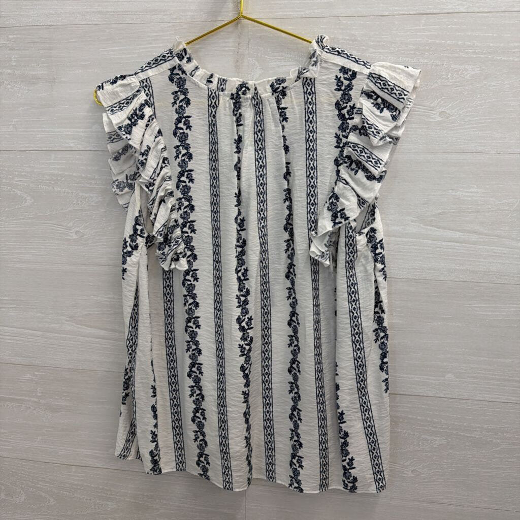 Fever White/ Navy Print Short Sleeve Top Medium Petite