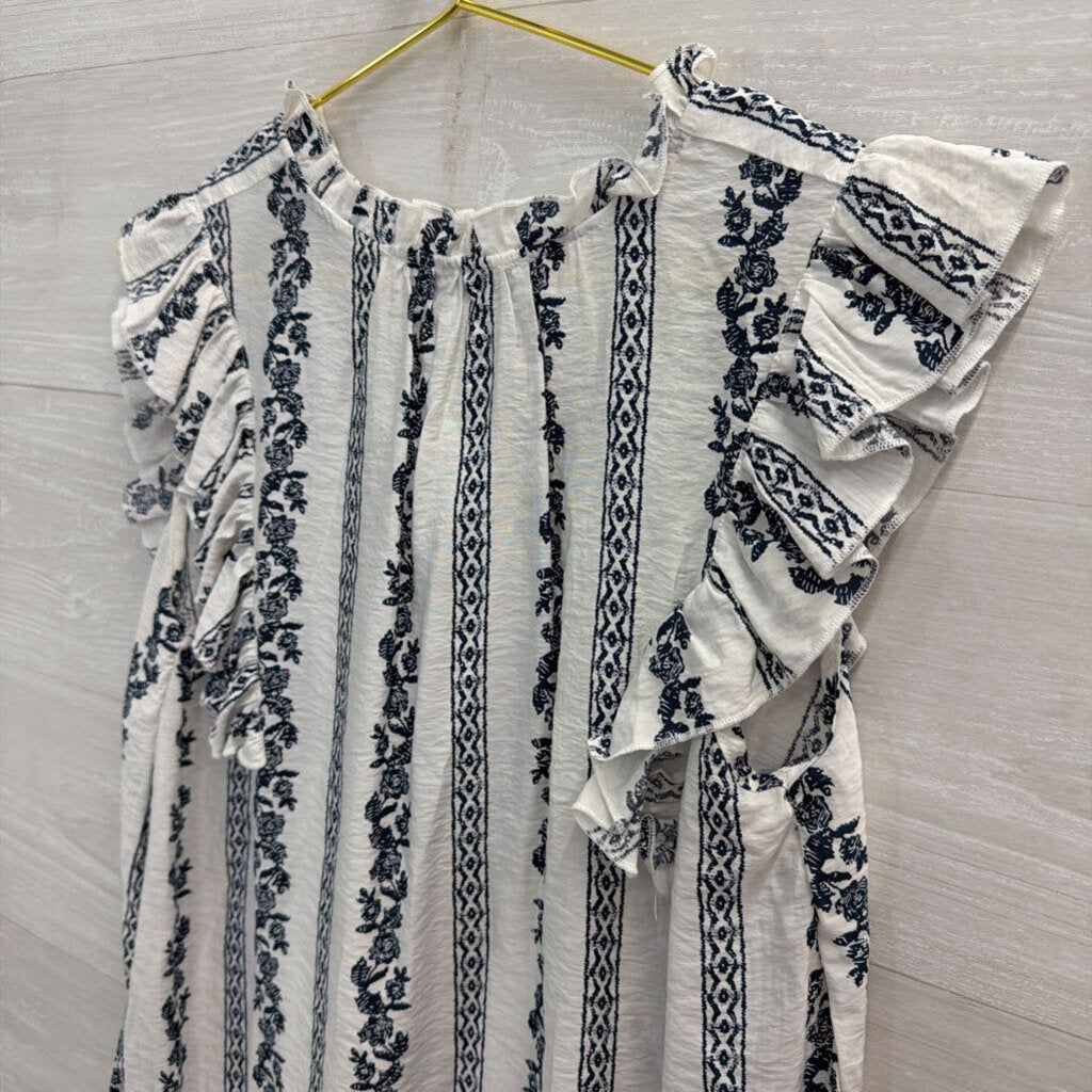 Fever White/ Navy Print Short Sleeve Top Medium Petite