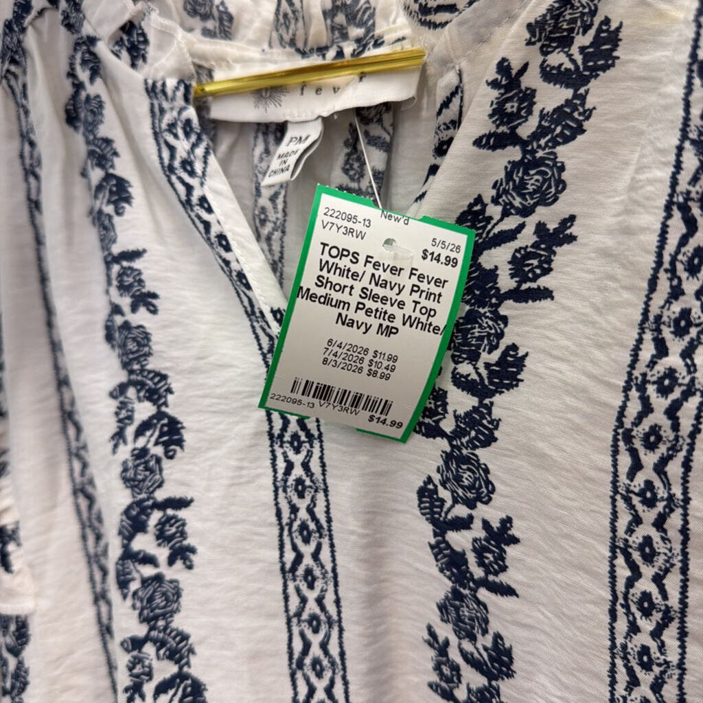Fever White/ Navy Print Short Sleeve Top Medium Petite