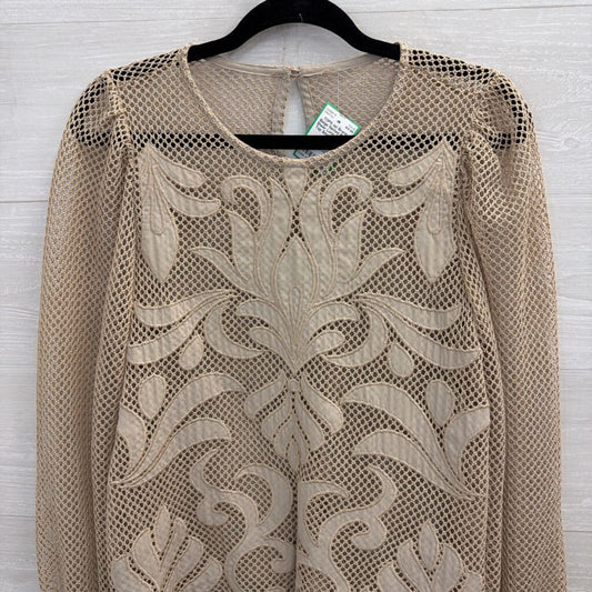 Beige Netted Print Sheer Long Sleeve Top Small