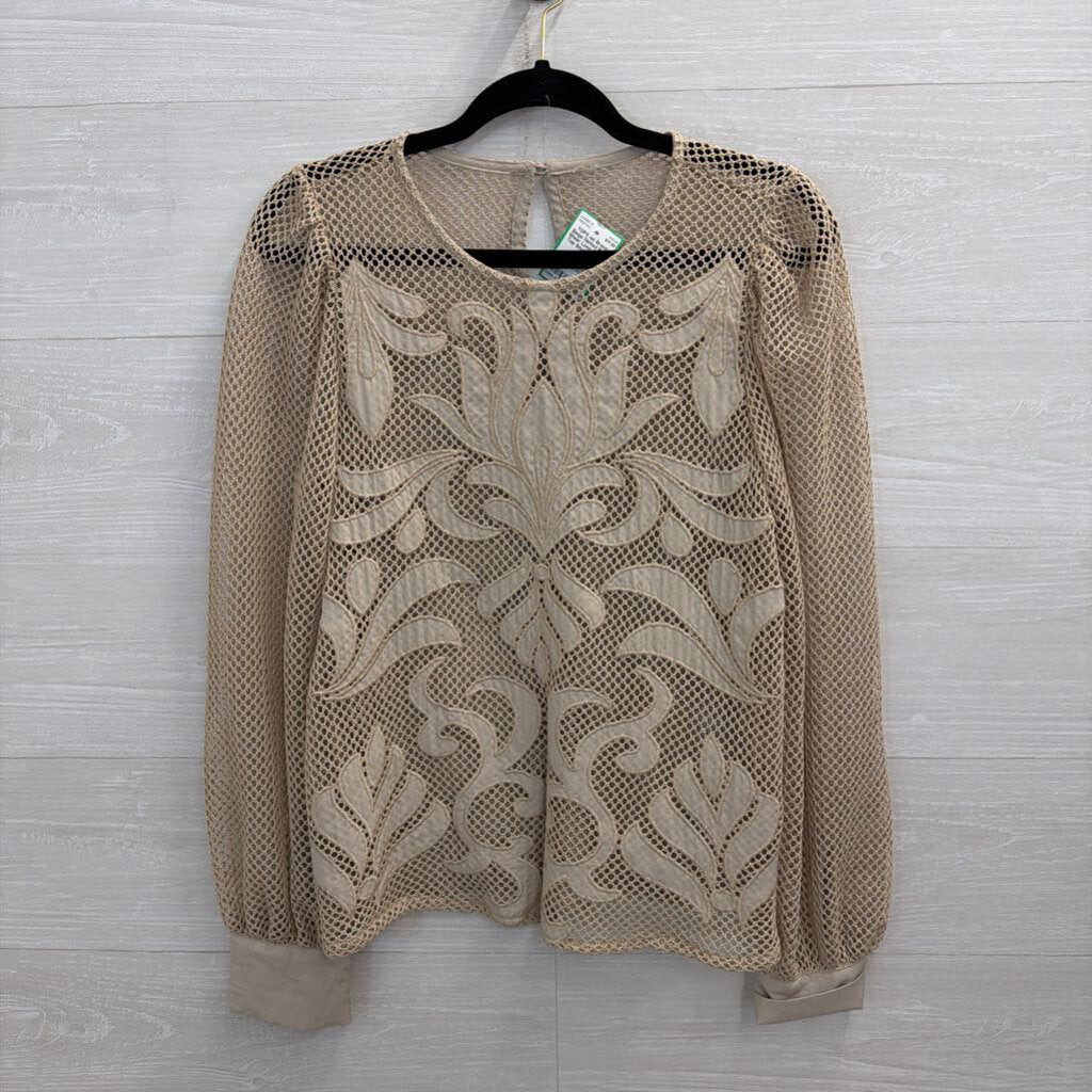 Beige Netted Print Sheer Long Sleeve Top Small