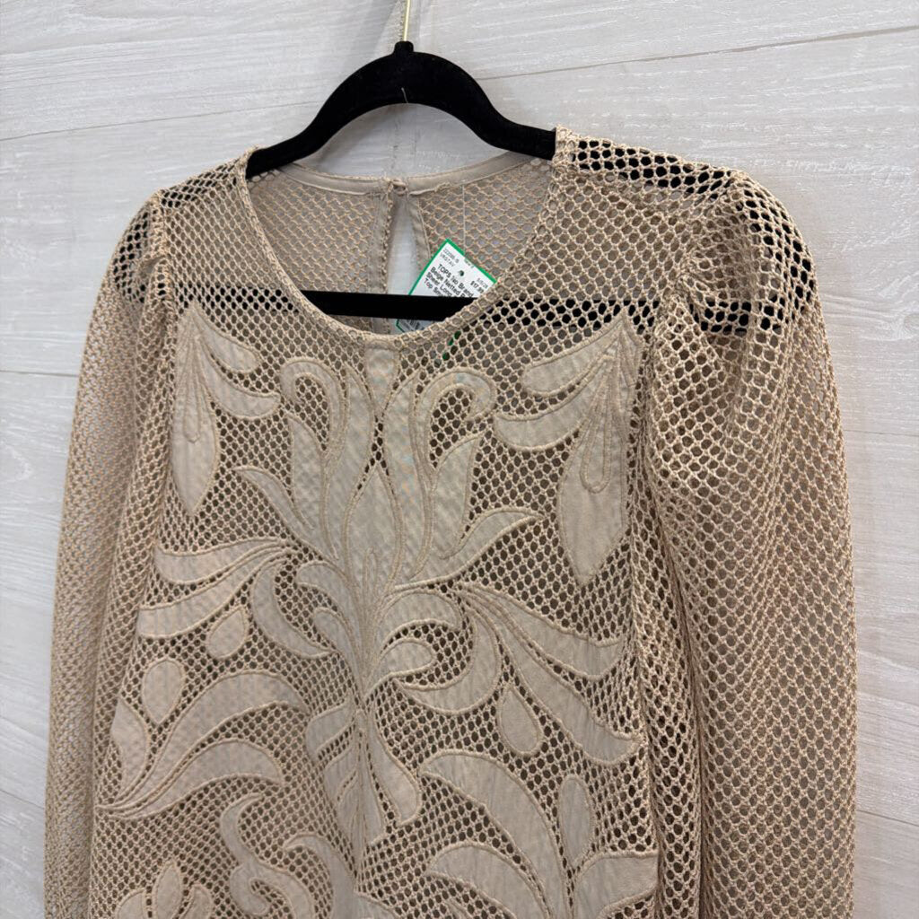 Beige Netted Print Sheer Long Sleeve Top Small