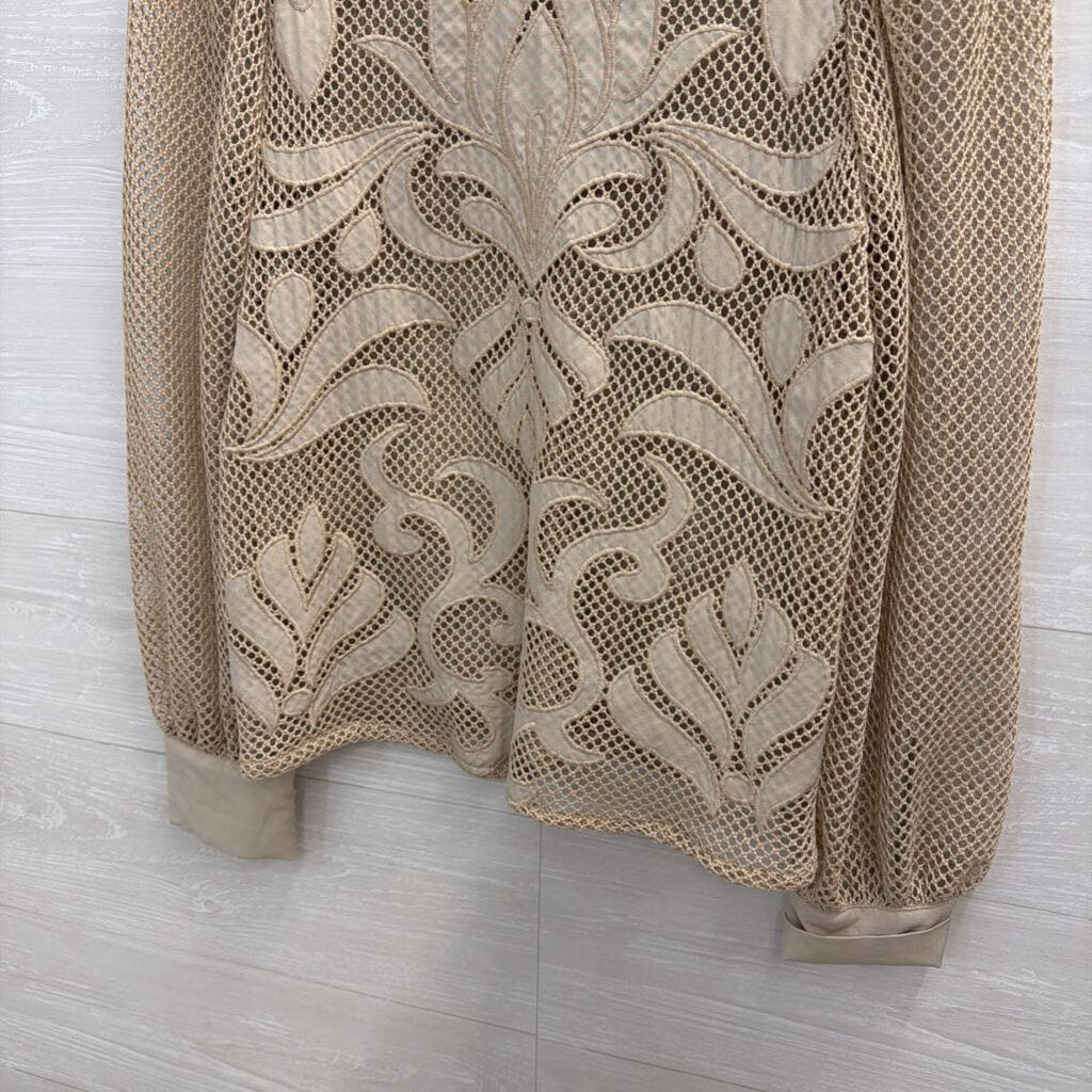 Beige Netted Print Sheer Long Sleeve Top Small