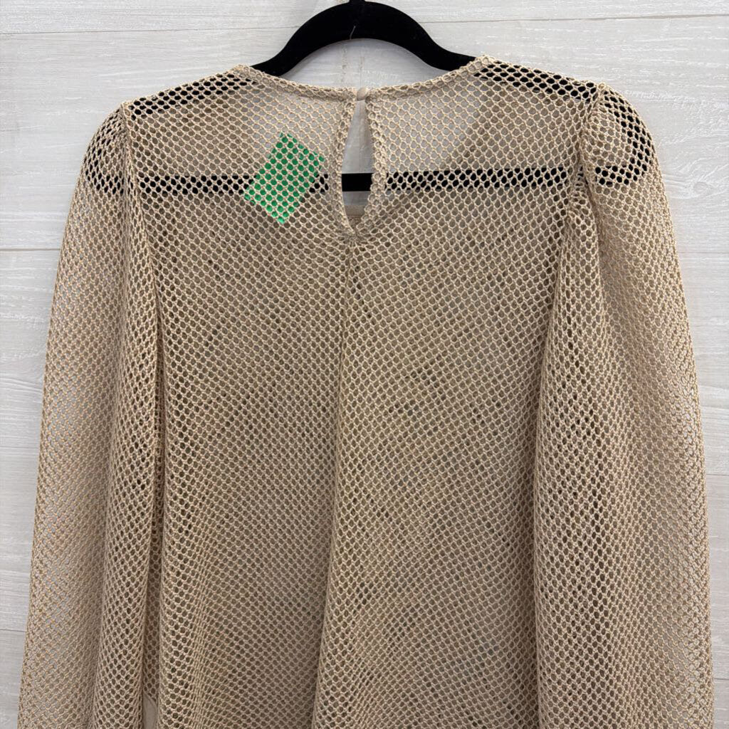 Beige Netted Print Sheer Long Sleeve Top Small