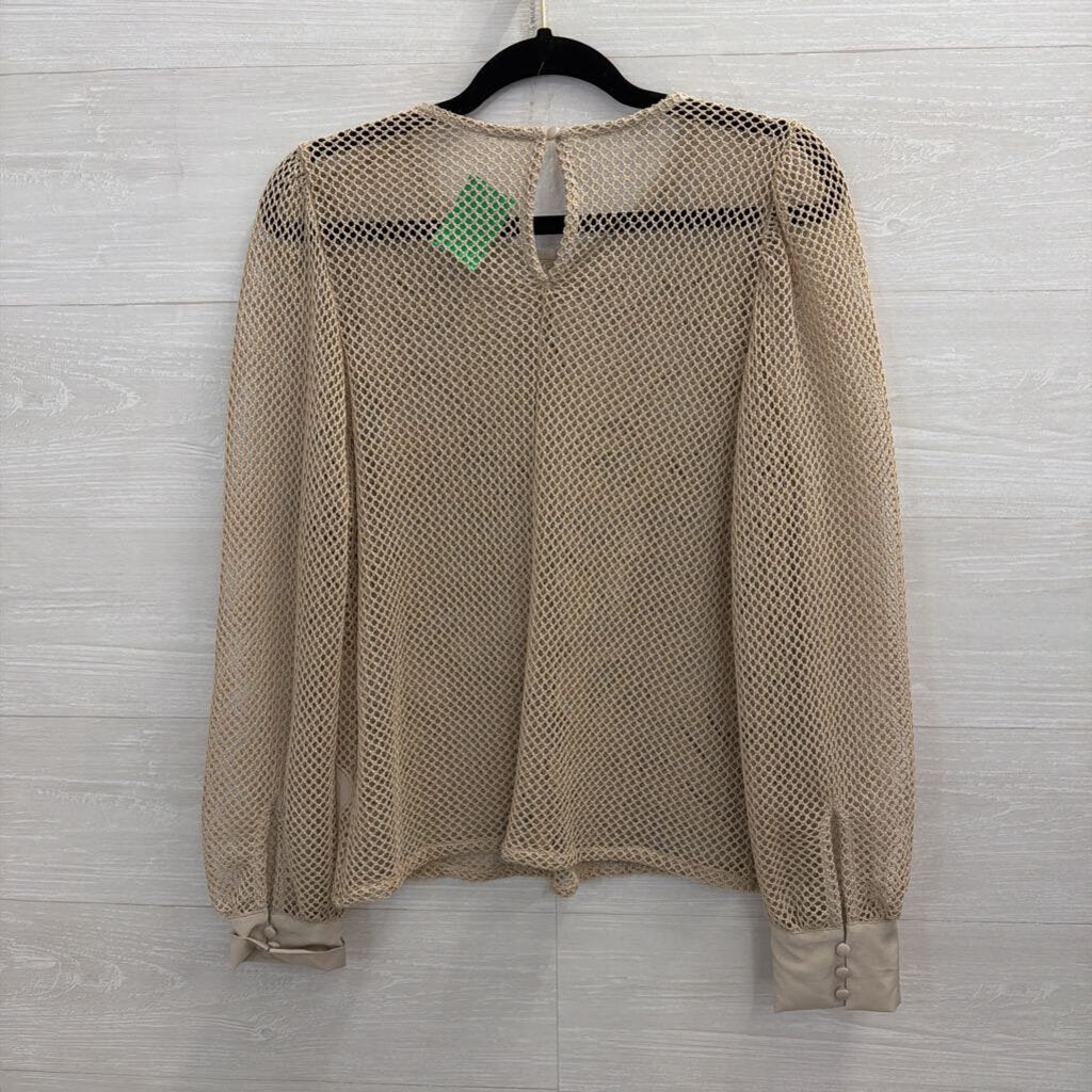 Beige Netted Print Sheer Long Sleeve Top Small