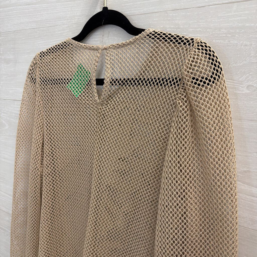 Beige Netted Print Sheer Long Sleeve Top Small
