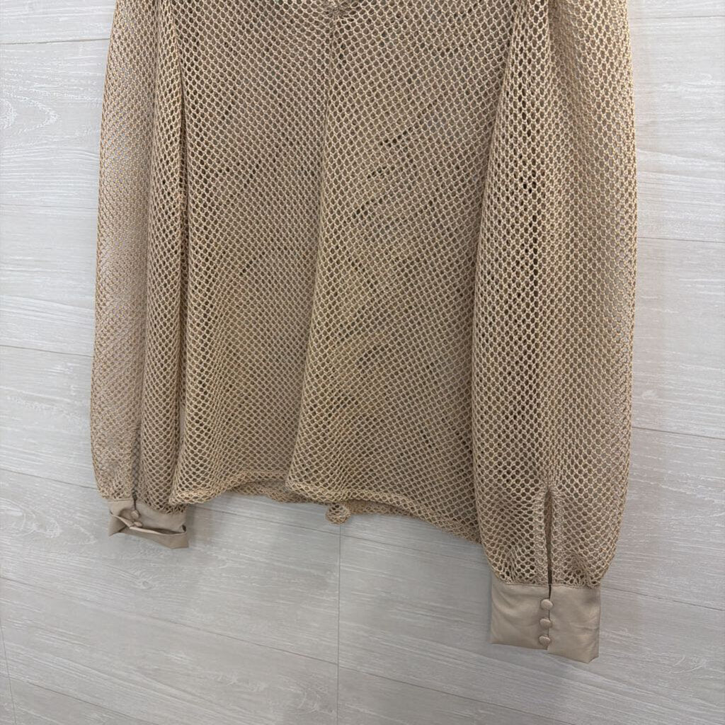 Beige Netted Print Sheer Long Sleeve Top Small