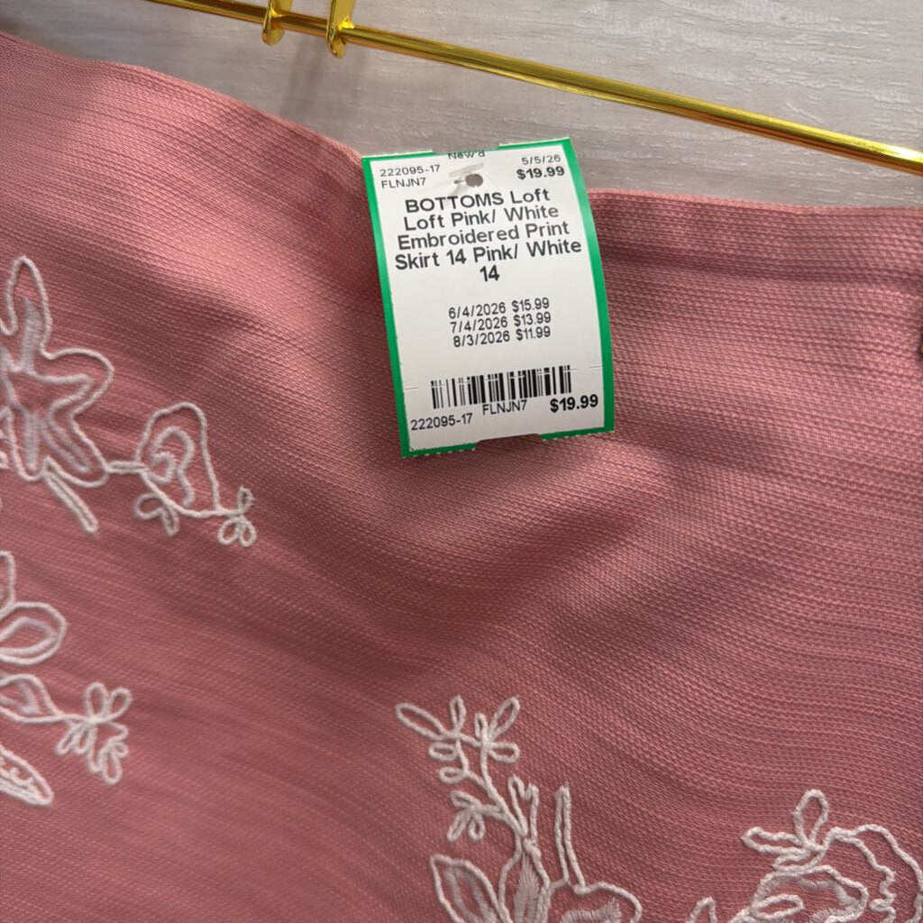 Loft Pink/ White Embroidered Print Skirt 14