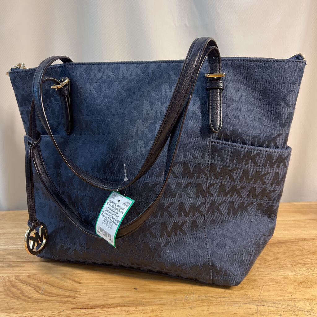 Michael Kors navy/ Black Signature Print Canvas Jet Set Logo Pocket Tote Purse
