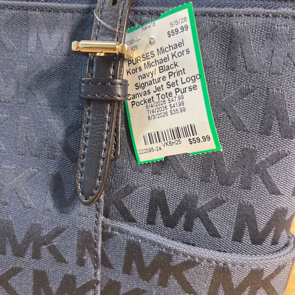 Michael Kors navy/ Black Signature Print Canvas Jet Set Logo Pocket Tote Purse