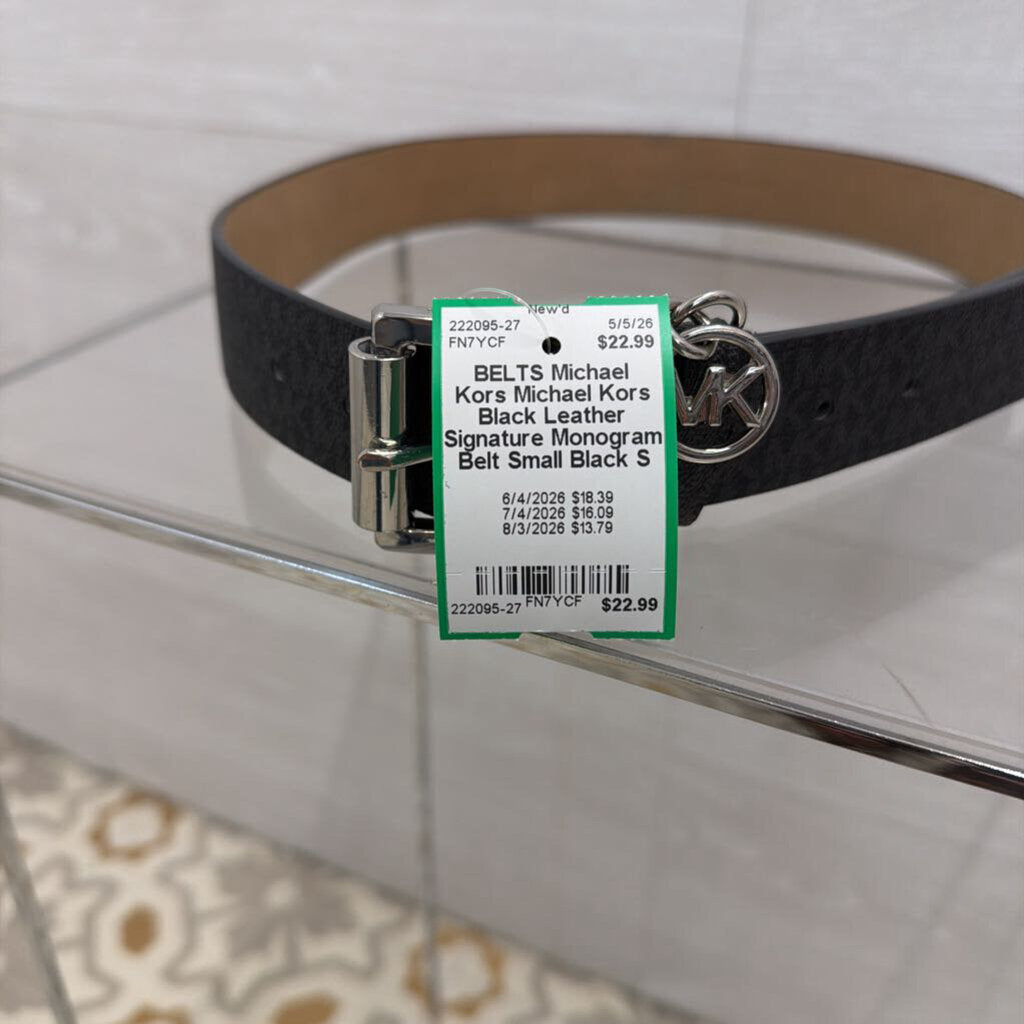Michael Kors Black Leather Signature Monogram Belt Small