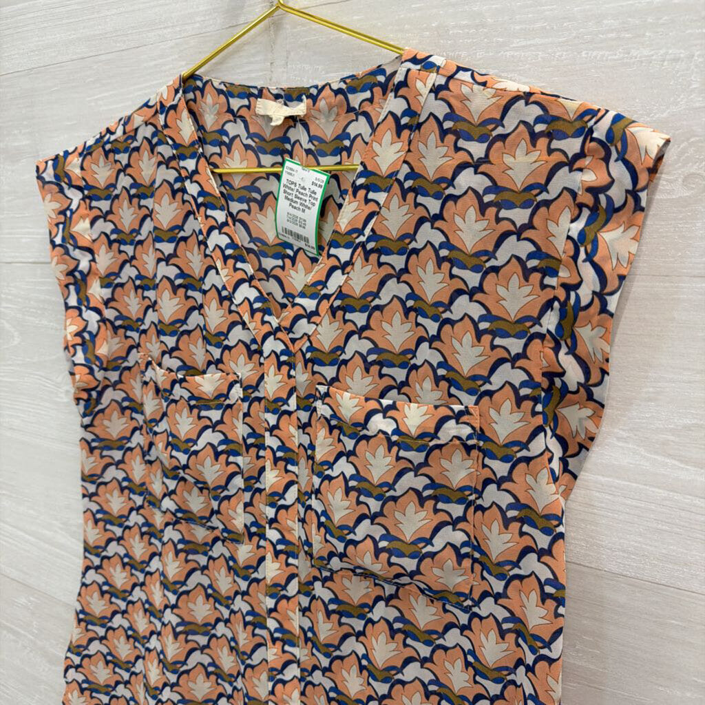 Tulle White/ Peach Print Short Sleeve Top Medium