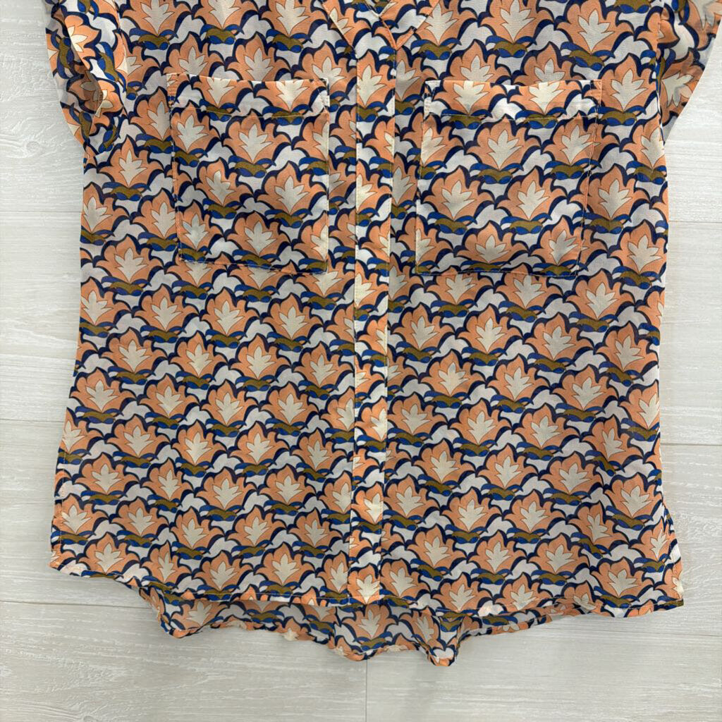 Tulle White/ Peach Print Short Sleeve Top Medium