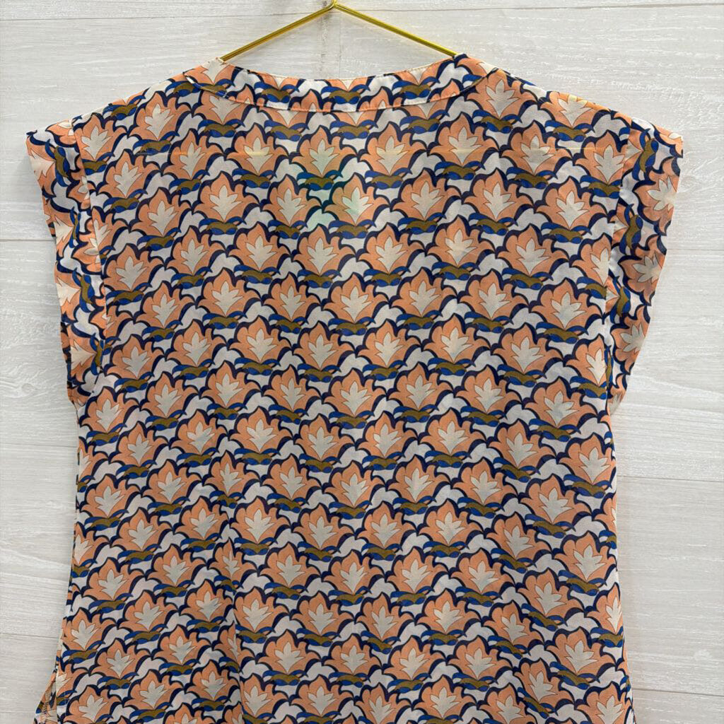 Tulle White/ Peach Print Short Sleeve Top Medium