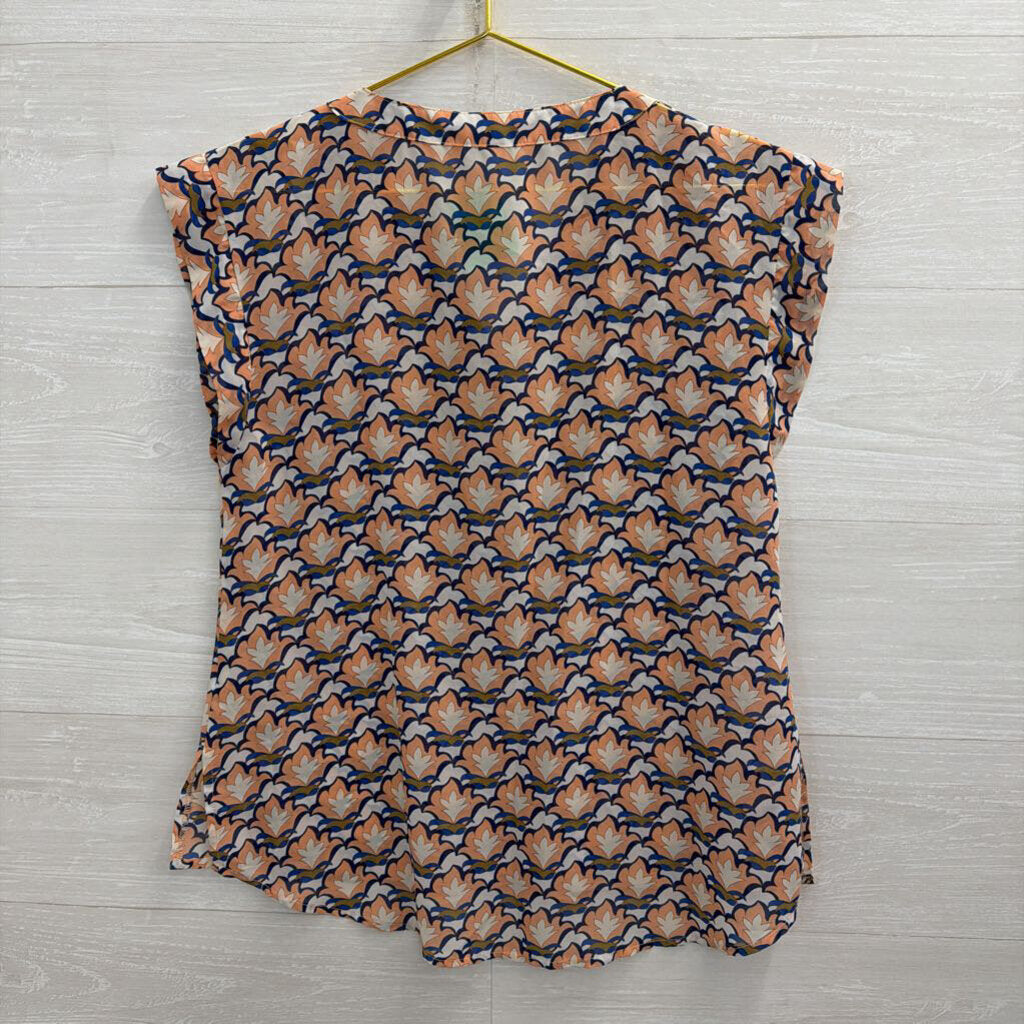 Tulle White/ Peach Print Short Sleeve Top Medium