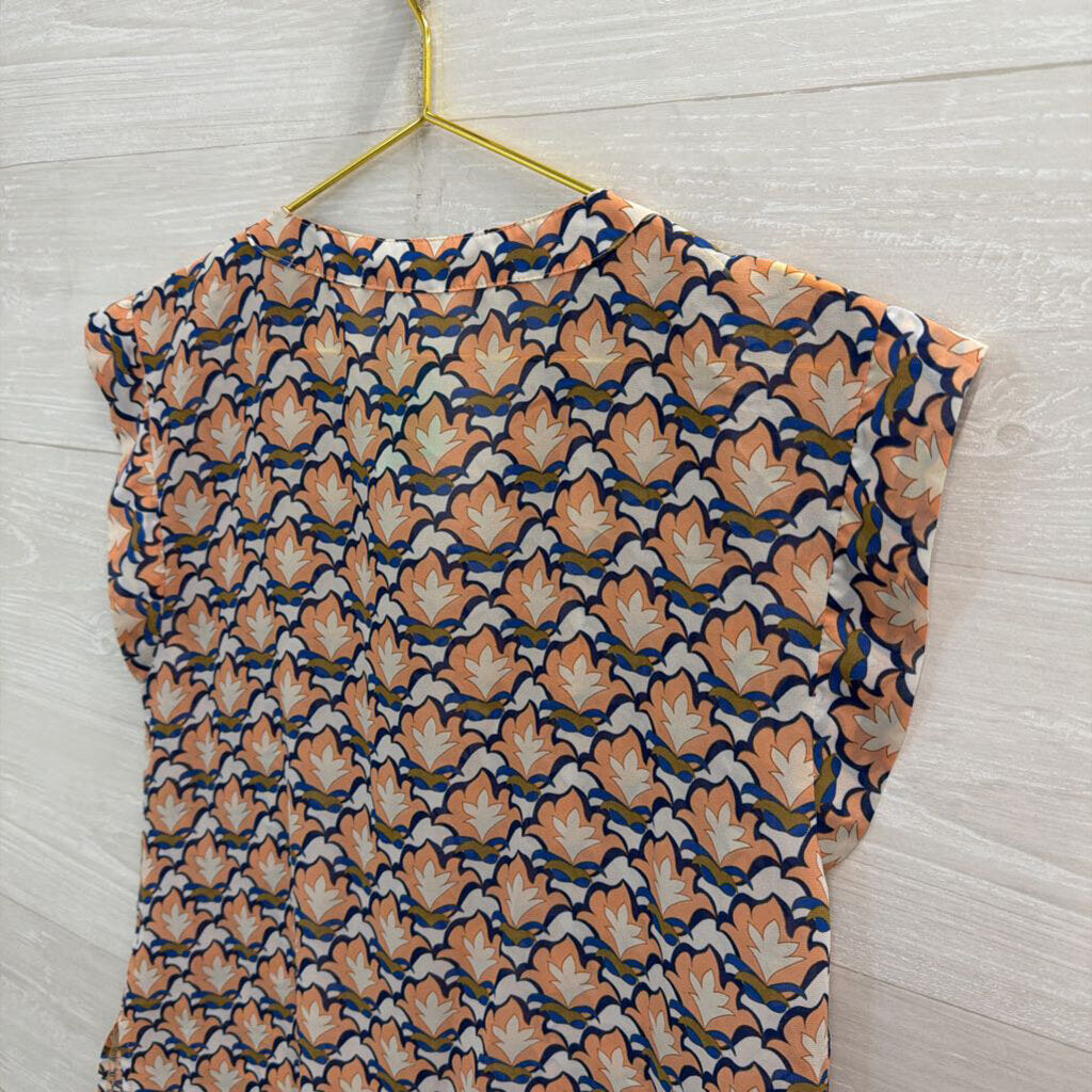 Tulle White/ Peach Print Short Sleeve Top Medium