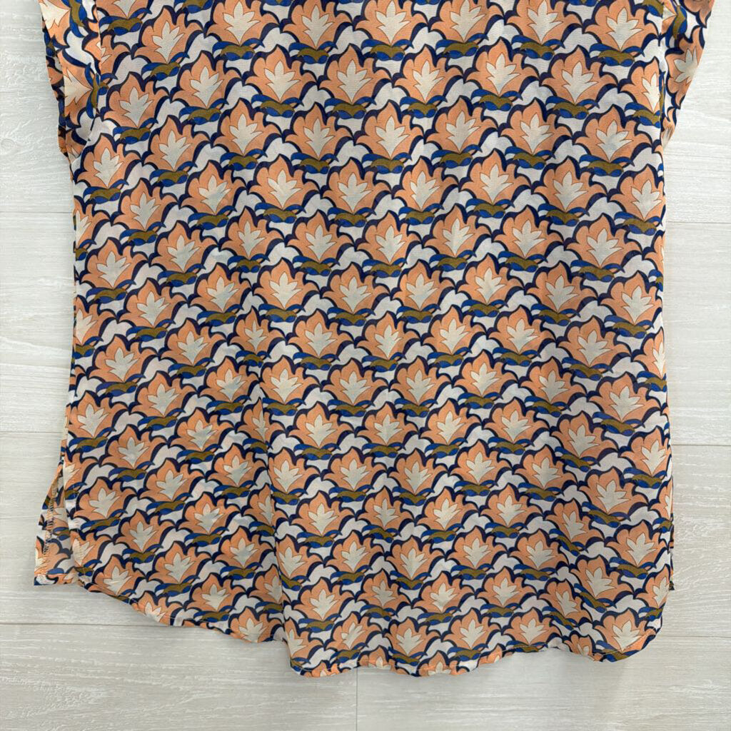 Tulle White/ Peach Print Short Sleeve Top Medium