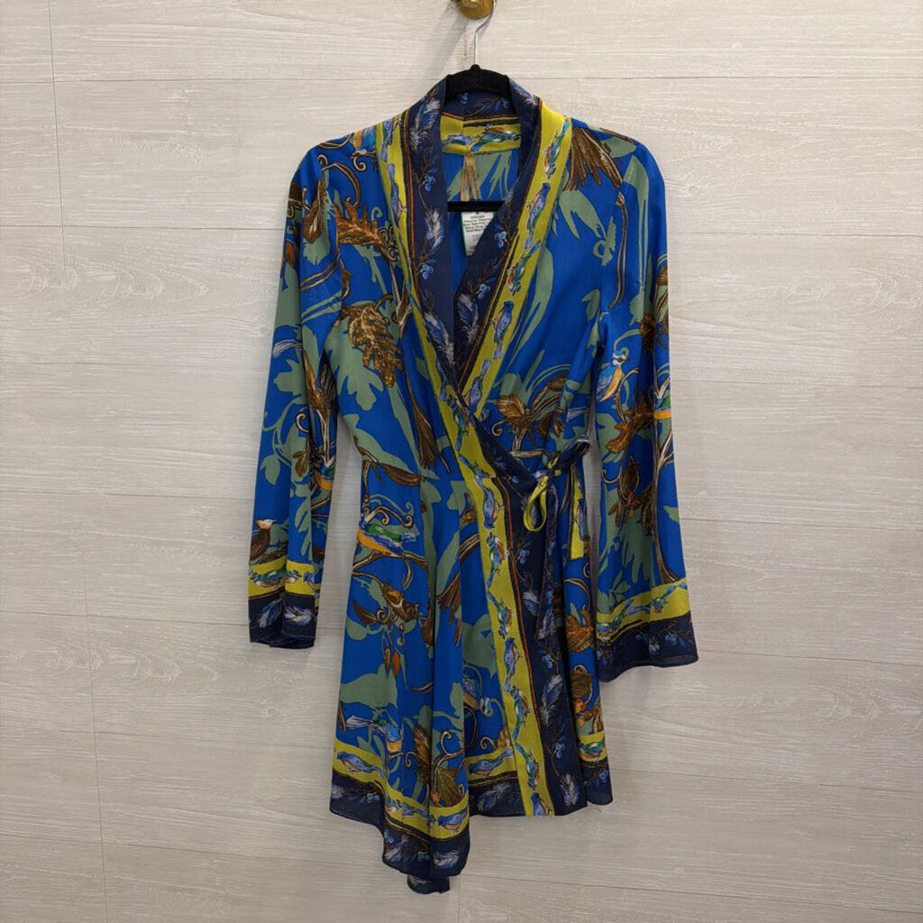 Pinkerton Blue/ Multi Print Long Sleeve Wrap Dress Small