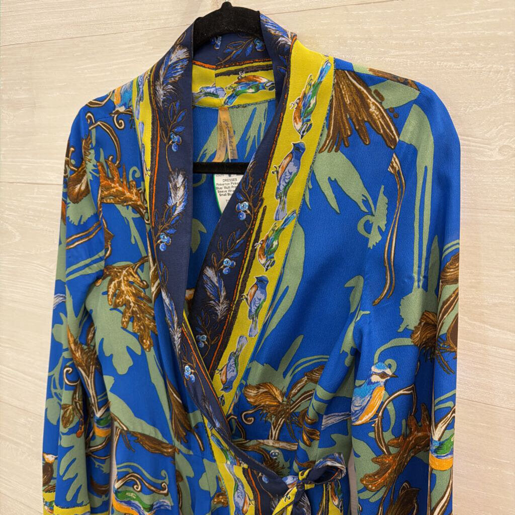 Pinkerton Blue/ Multi Print Long Sleeve Wrap Dress Small