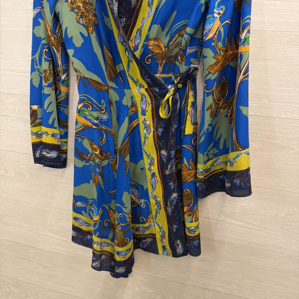 Pinkerton Blue/ Multi Print Long Sleeve Wrap Dress Small