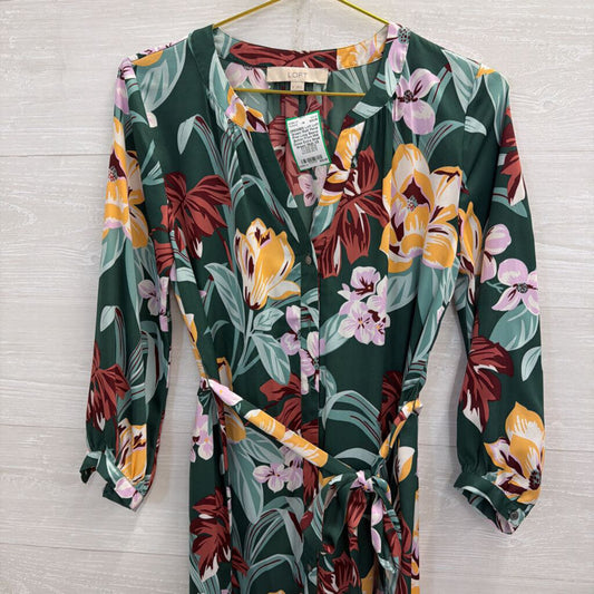 Loft Green/ Multi Floral Print Long Sleeve Button Front Midi Dress Extra Small