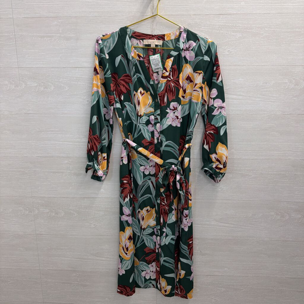 Loft Green/ Multi Floral Print Long Sleeve Button Front Midi Dress Extra Small