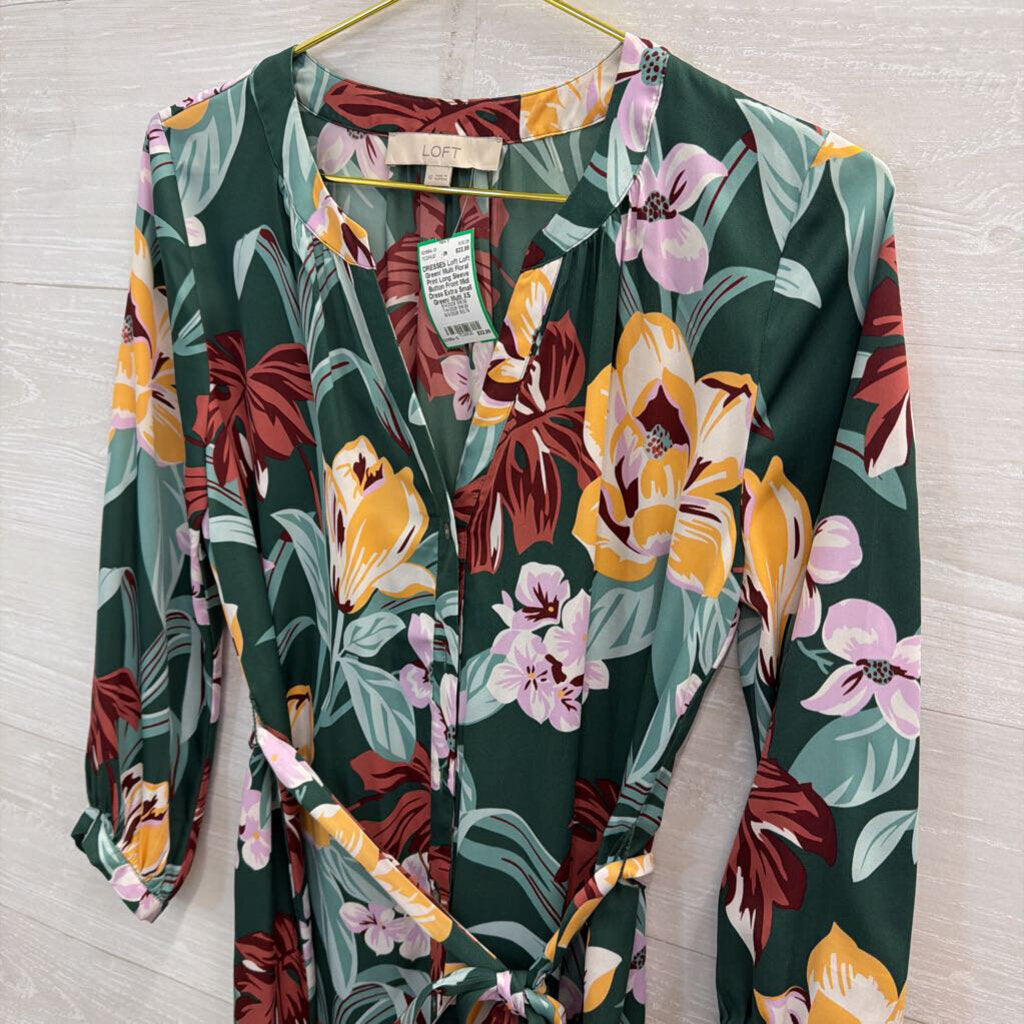 Loft Green/ Multi Floral Print Long Sleeve Button Front Midi Dress Extra Small