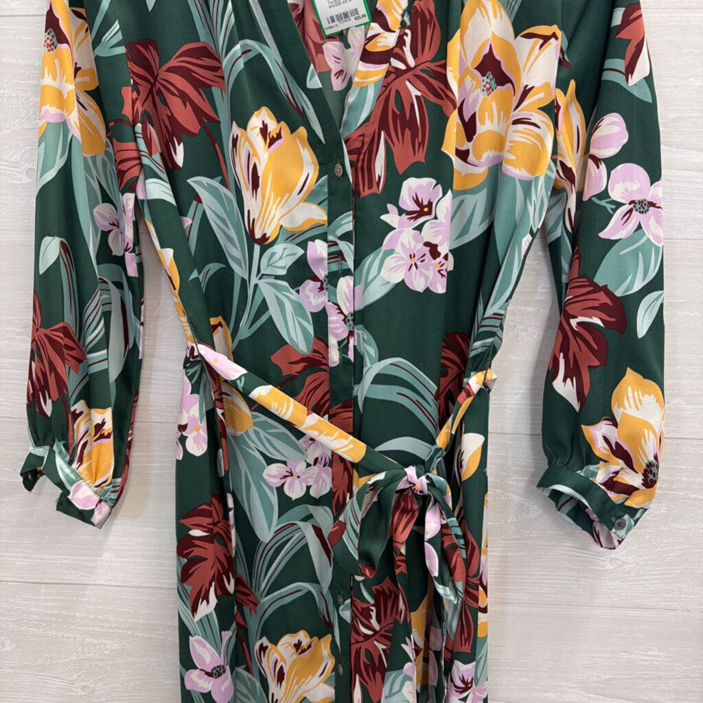 Loft Green/ Multi Floral Print Long Sleeve Button Front Midi Dress Extra Small