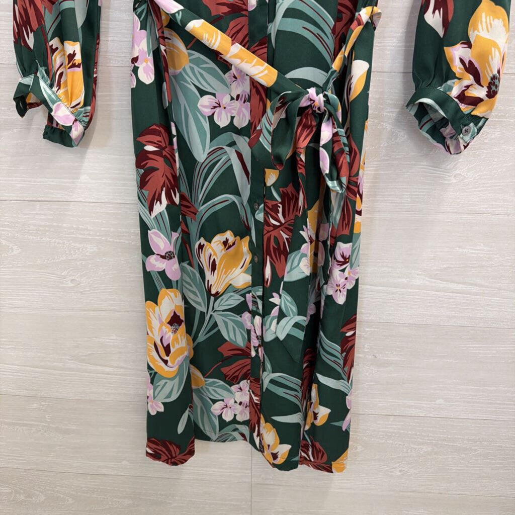 Loft Green/ Multi Floral Print Long Sleeve Button Front Midi Dress Extra Small