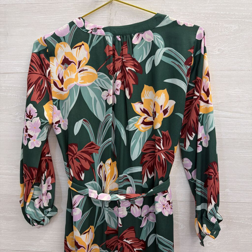 Loft Green/ Multi Floral Print Long Sleeve Button Front Midi Dress Extra Small