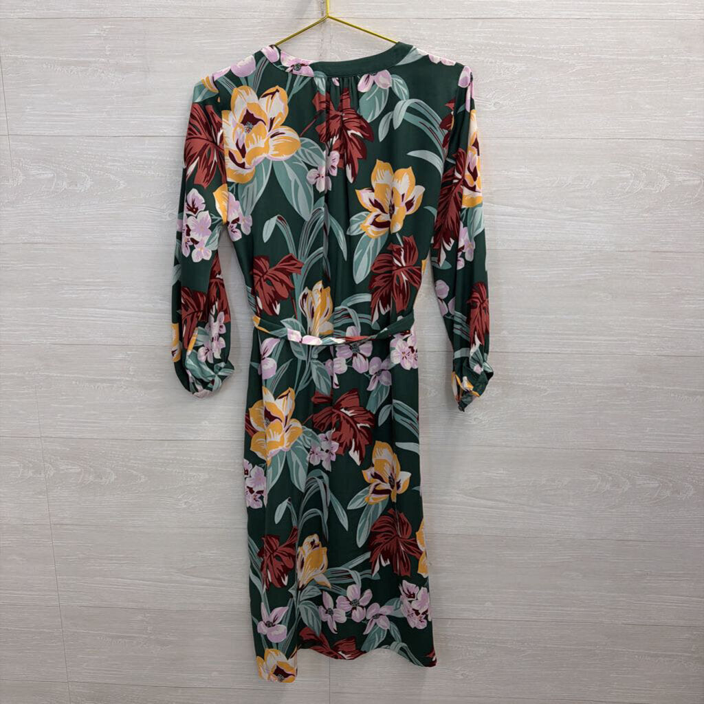 Loft Green/ Multi Floral Print Long Sleeve Button Front Midi Dress Extra Small