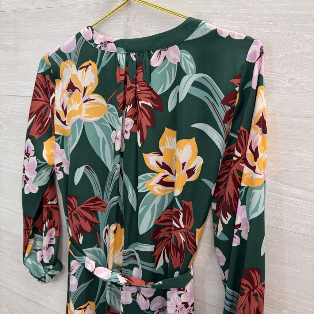 Loft Green/ Multi Floral Print Long Sleeve Button Front Midi Dress Extra Small