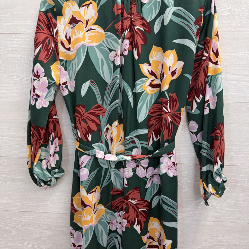 Loft Green/ Multi Floral Print Long Sleeve Button Front Midi Dress Extra Small