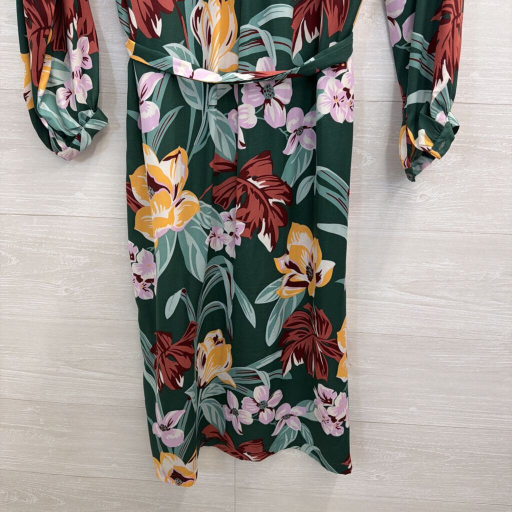 Loft Green/ Multi Floral Print Long Sleeve Button Front Midi Dress Extra Small