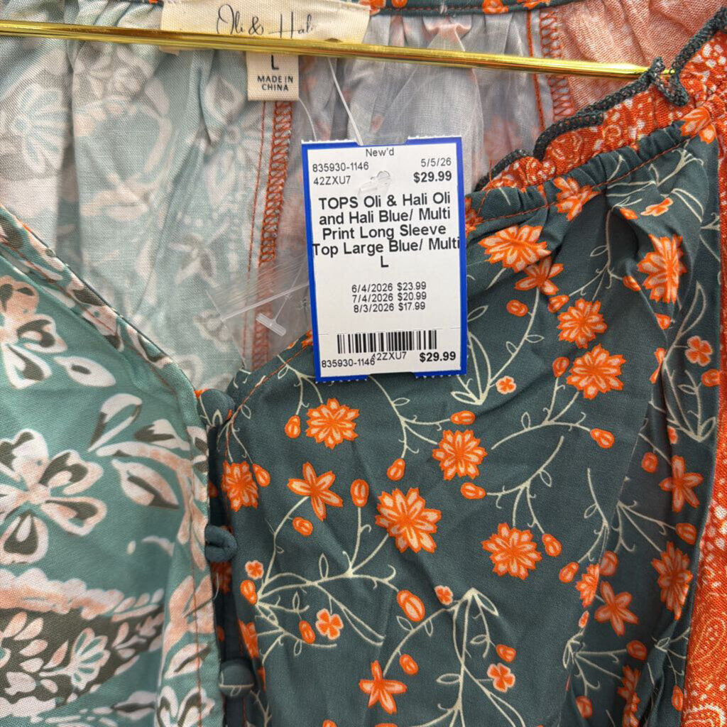 Oli and Hali Blue/ Multi Print Long Sleeve Top Large