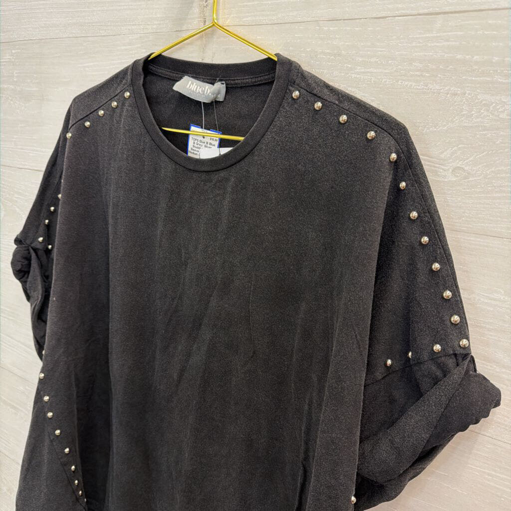 Blue B Grey/ Silver Studded Short Sleeve Boxy Top Medium